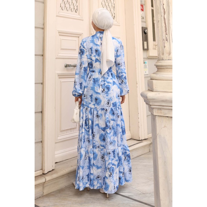 Kadın Desenli Uzun Tesettür Elbise 2586 - Mavi