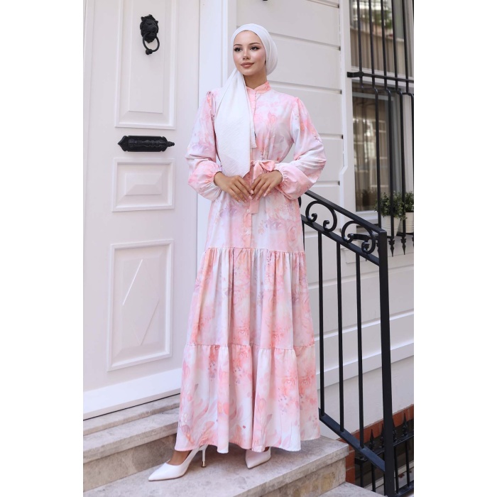 Kadın Desenli Uzun Tesettür Elbise 2586 - Pudra
