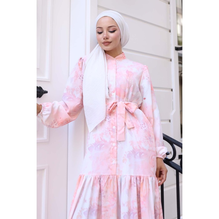 Kadın Desenli Uzun Tesettür Elbise 2586 - Pudra