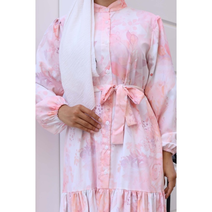 Kadın Desenli Uzun Tesettür Elbise 2586 - Pudra