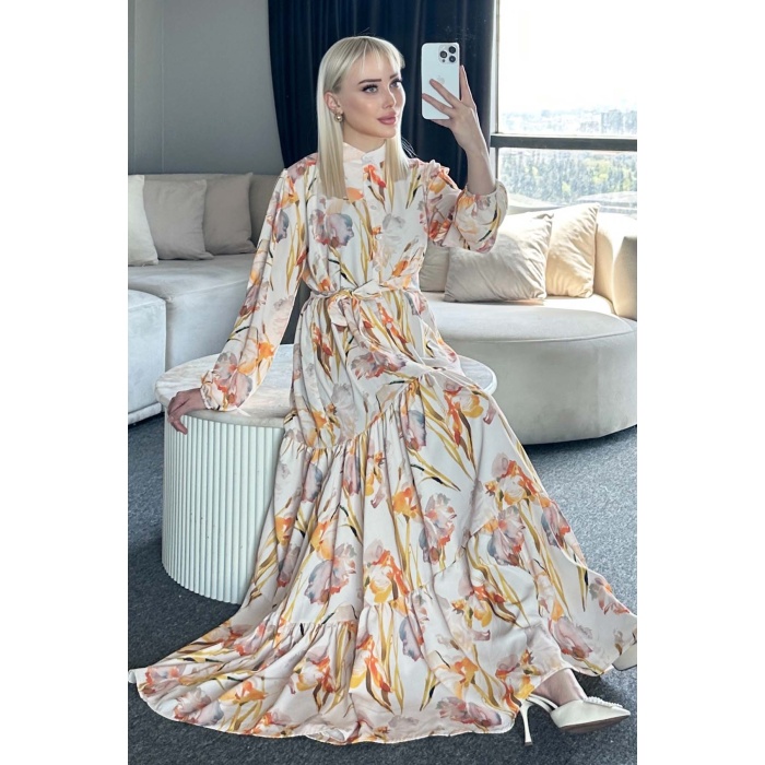 Kadın Desenli Uzun Tesettür Elbise 2586 - Sarı