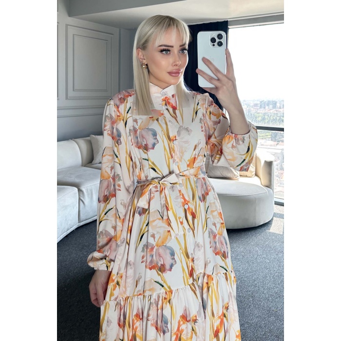 Kadın Desenli Uzun Tesettür Elbise 2586 - Sarı