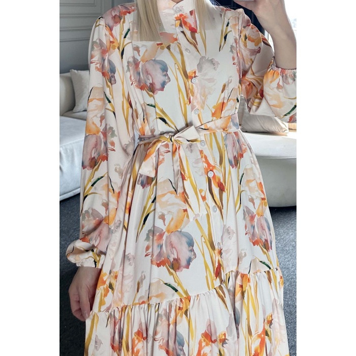 Kadın Desenli Uzun Tesettür Elbise 2586 - Sarı