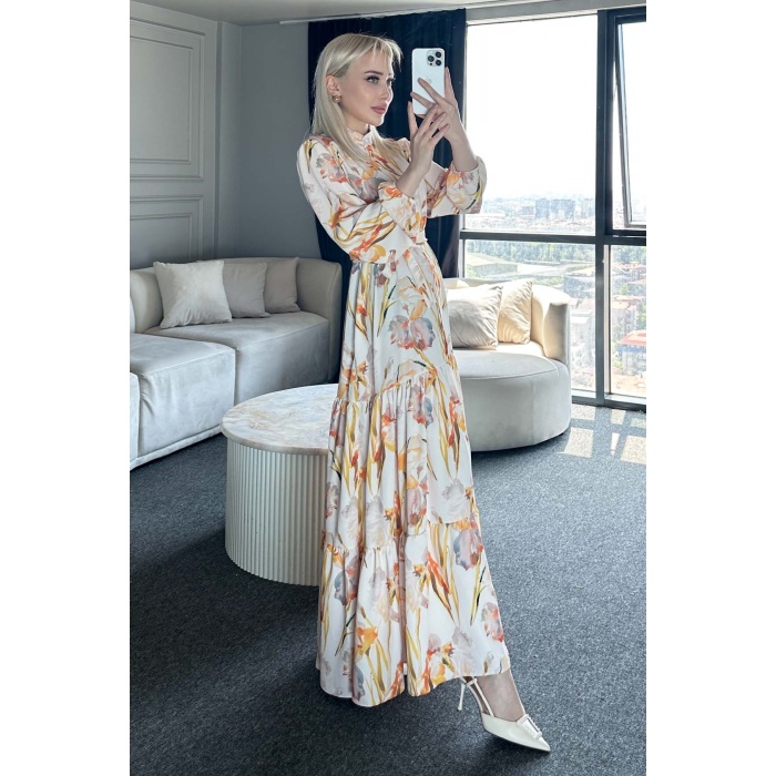 Kadın Desenli Uzun Tesettür Elbise 2586 - Sarı