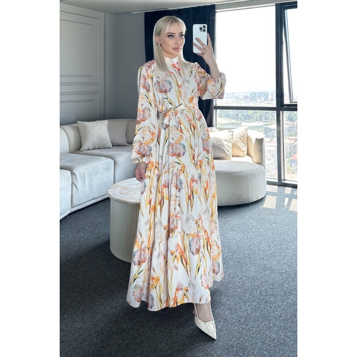 Kadın Desenli Uzun Tesettür Elbise 2586 - Sarı