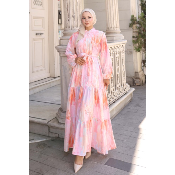 Kadın Desenli Uzun Tesettür Elbise 2586 - Pembe