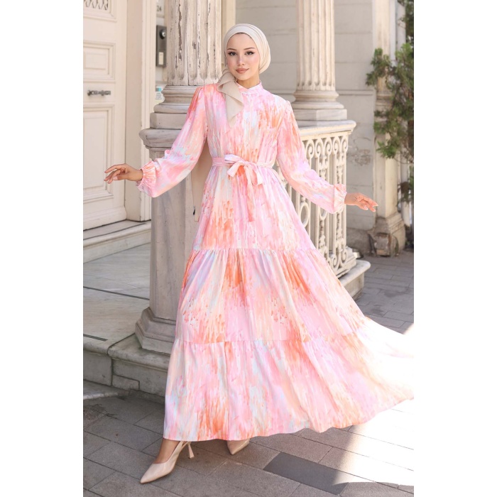 Kadın Desenli Uzun Tesettür Elbise 2586 - Pembe