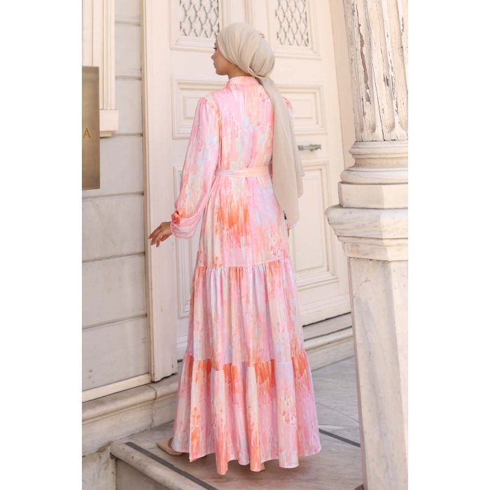 Kadın Desenli Uzun Tesettür Elbise 2586 - Pembe