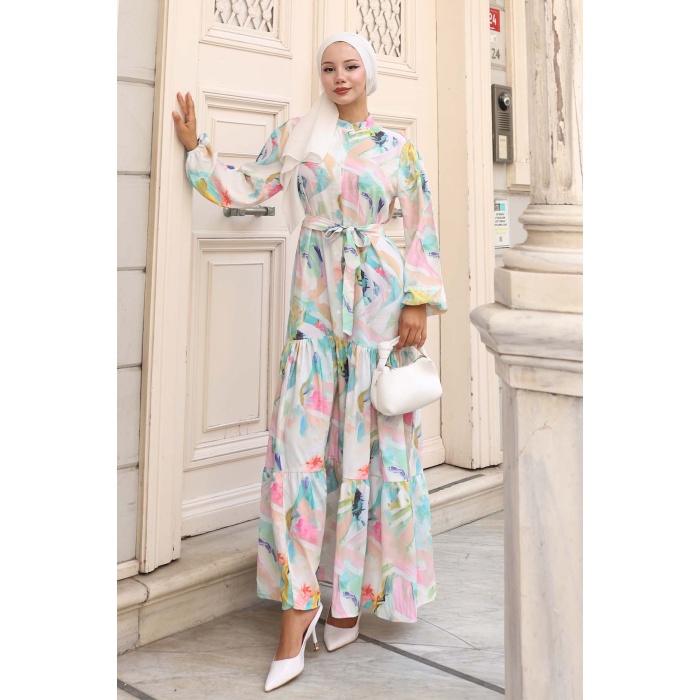 Kadın Desenli Uzun Tesettür Elbise 2586 - Turkuaz