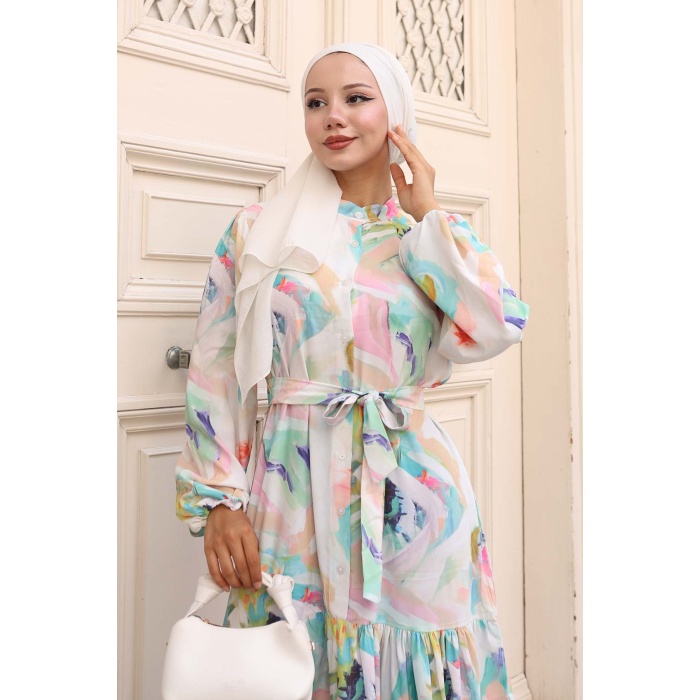 Kadın Desenli Uzun Tesettür Elbise 2586 - Turkuaz