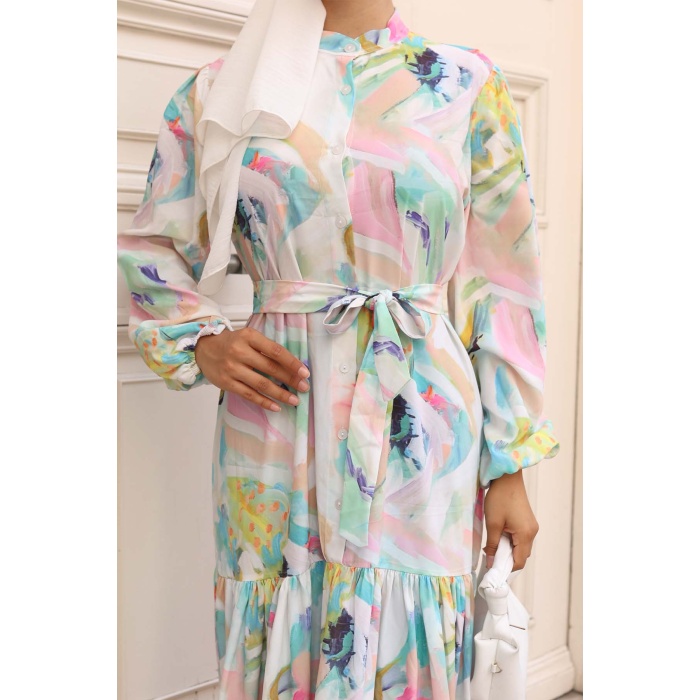 Kadın Desenli Uzun Tesettür Elbise 2586 - Turkuaz