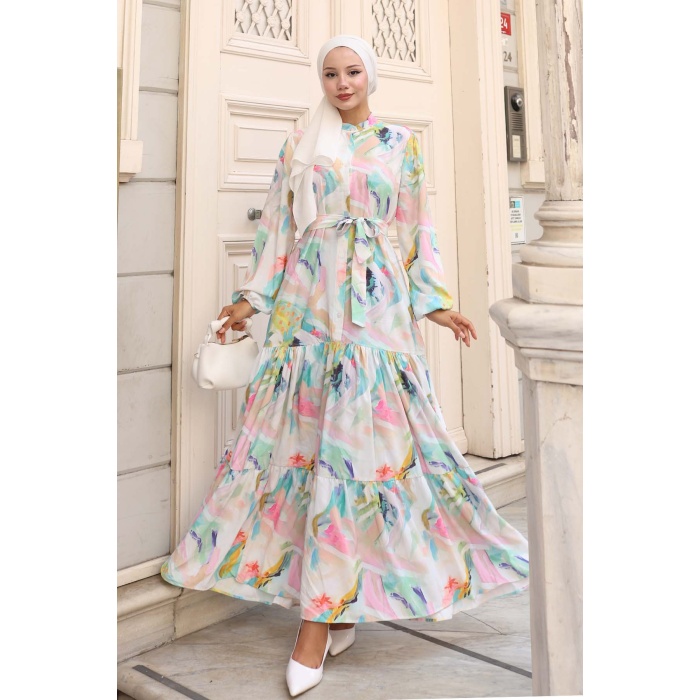 Kadın Desenli Uzun Tesettür Elbise 2586 - Turkuaz