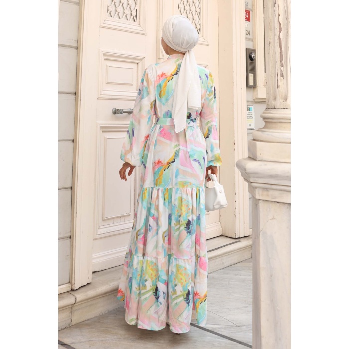 Kadın Desenli Uzun Tesettür Elbise 2586 - Turkuaz