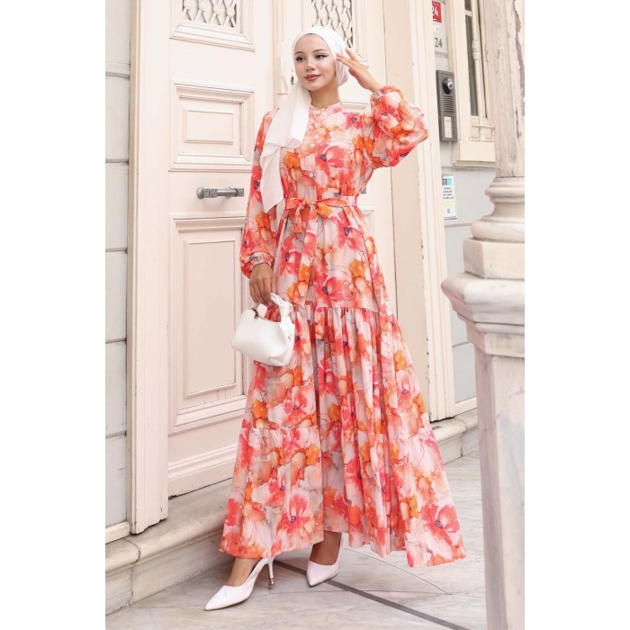 Kadın Desenli Uzun Tesettür Elbise 2586 - Oranje