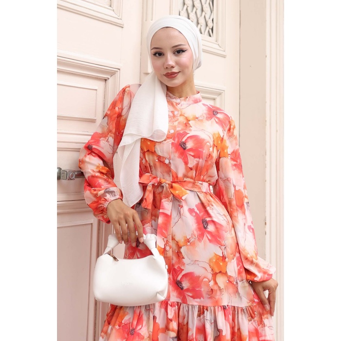 Kadın Desenli Uzun Tesettür Elbise 2586 - Oranje