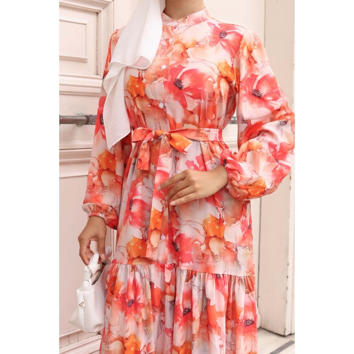 Kadın Desenli Uzun Tesettür Elbise 2586 - Oranje