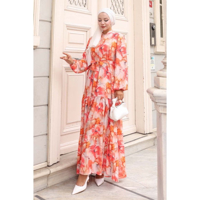 Kadın Desenli Uzun Tesettür Elbise 2586 - Oranje