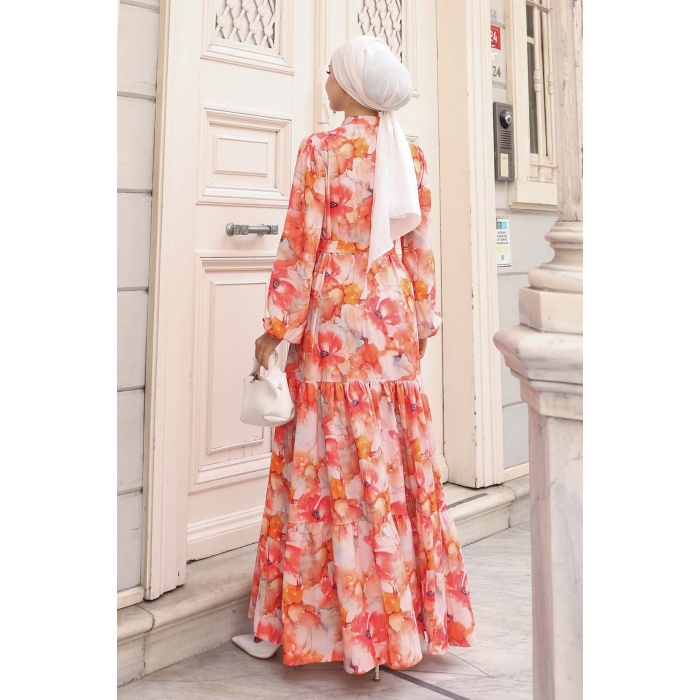 Kadın Desenli Uzun Tesettür Elbise 2586 - Oranje