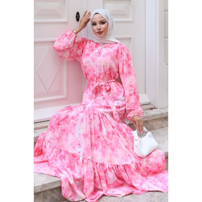 Kadın Desenli Uzun Tesettür Elbise 2586 - Y.Pembe