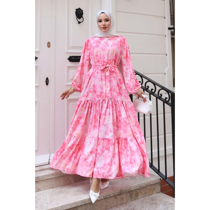 Kadın Desenli Uzun Tesettür Elbise 2586 - Y.Pembe