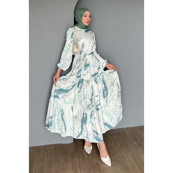 Kadın Desenli Uzun Tesettür Elbise 2586 - Çağla