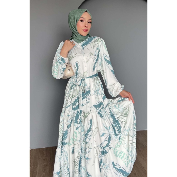 Kadın Desenli Uzun Tesettür Elbise 2586 - Çağla