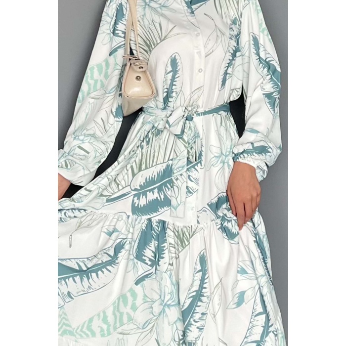 Kadın Desenli Uzun Tesettür Elbise 2586 - Çağla