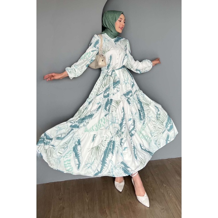 Kadın Desenli Uzun Tesettür Elbise 2586 - Çağla