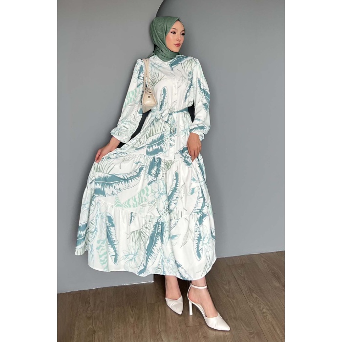 Kadın Desenli Uzun Tesettür Elbise 2586 - Çağla