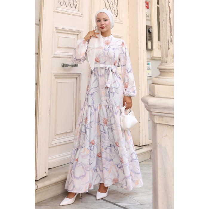 Kadın Desenli Uzun Tesettür Elbise 2586 - Taş