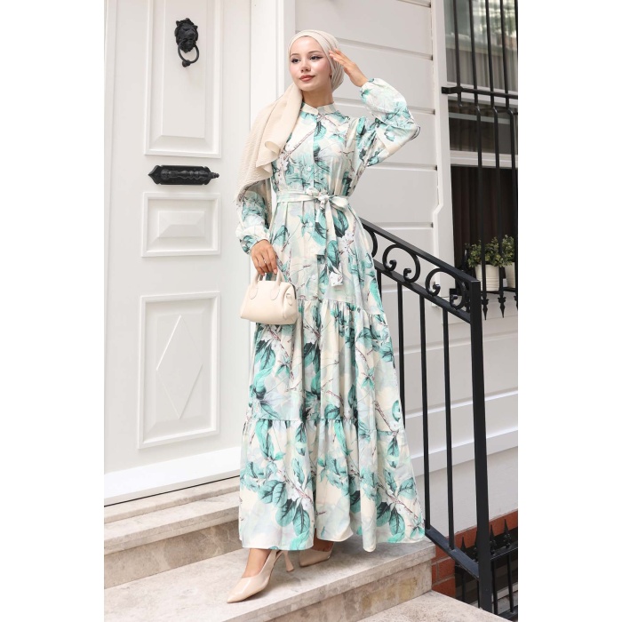 Kadın Desenli Uzun Tesettür Elbise 2586 - A.Yeşil