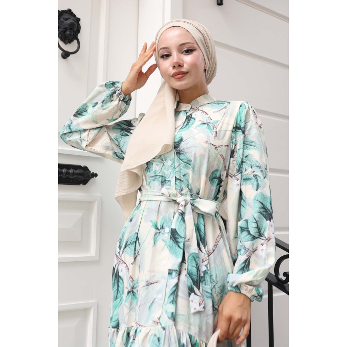 Kadın Desenli Uzun Tesettür Elbise 2586 - A.Yeşil