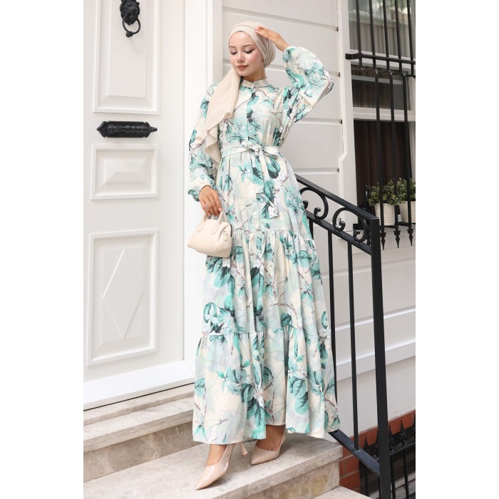 Kadın Desenli Uzun Tesettür Elbise 2586 - A.Yeşil