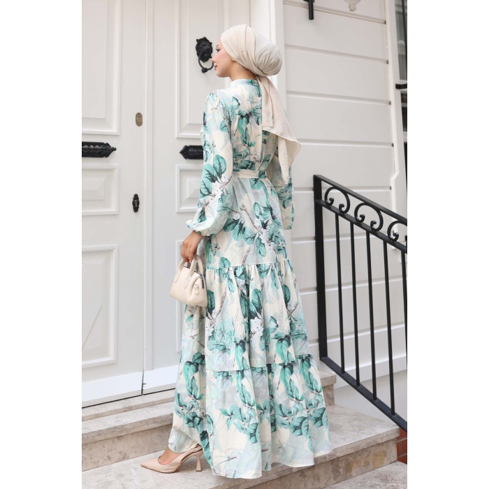 Kadın Desenli Uzun Tesettür Elbise 2586 - A.Yeşil