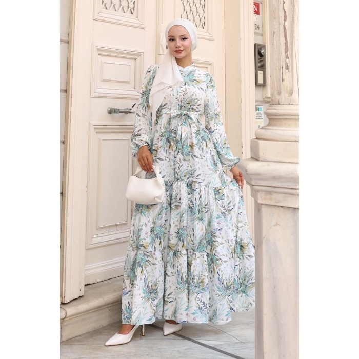 Kadın Desenli Uzun Tesettür Elbise 2586 - Y.Yeşil