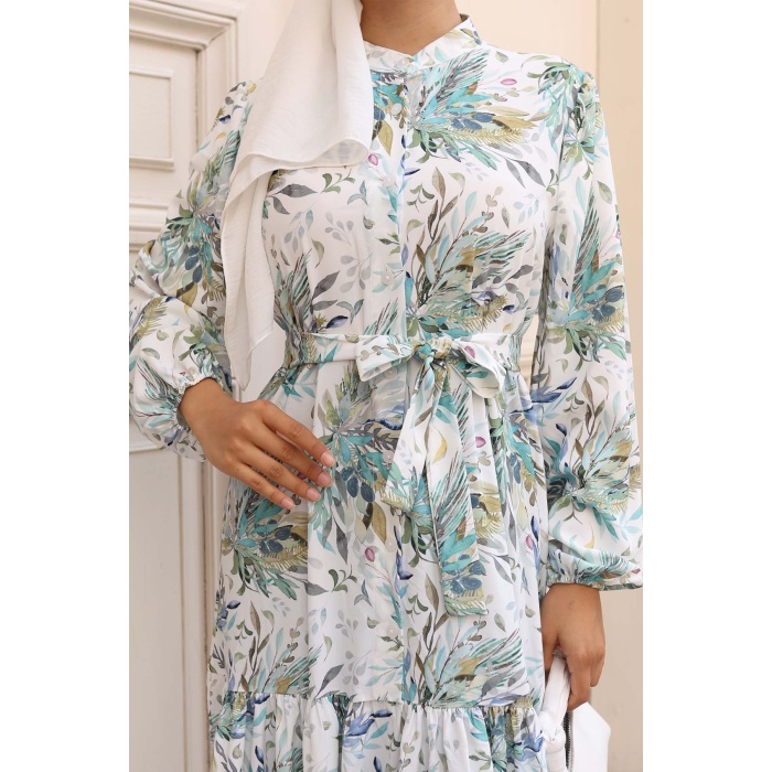 Kadın Desenli Uzun Tesettür Elbise 2586 - Y.Yeşil