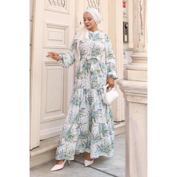 Kadın Desenli Uzun Tesettür Elbise 2586 - Y.Yeşil