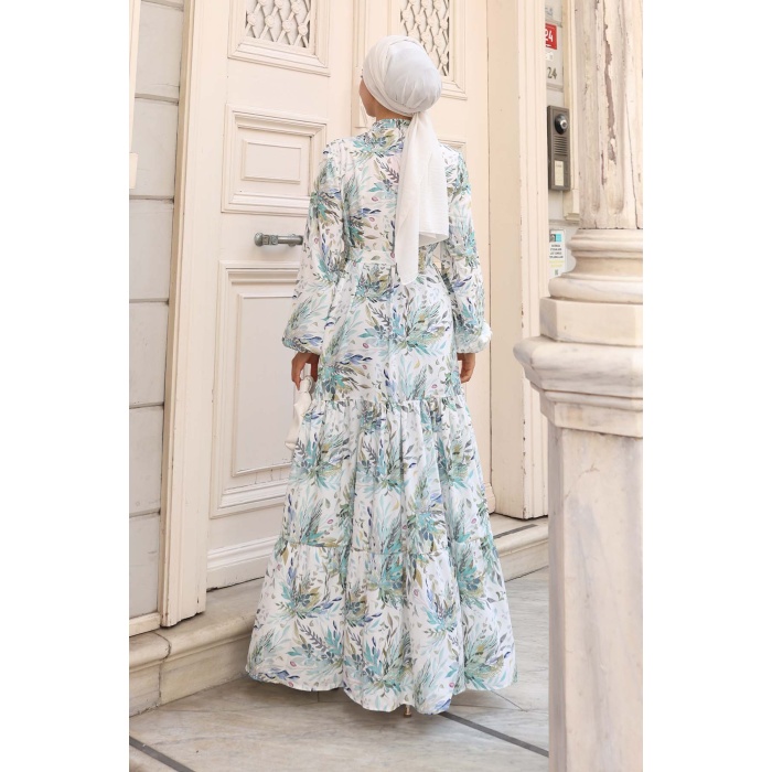 Kadın Desenli Uzun Tesettür Elbise 2586 - Y.Yeşil