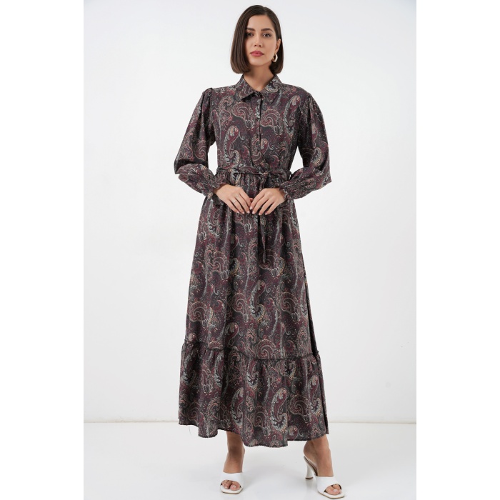 Kadın Kuşaklı Tesettür Elbise 2589 - Siyah