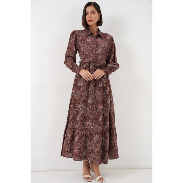 Kadın Kuşaklı Tesettür Elbise 2589 - Kahverengi