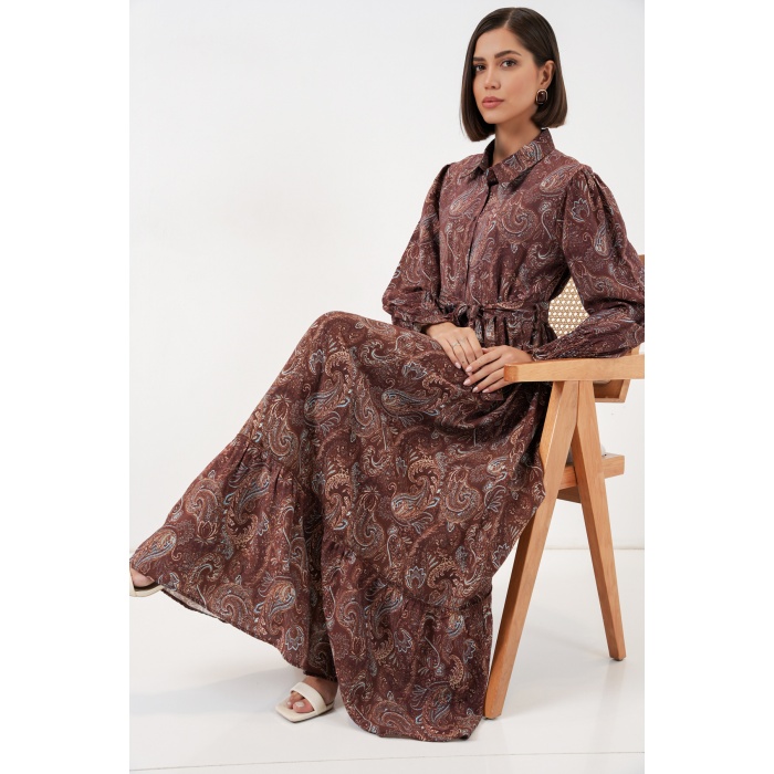 Kadın Kuşaklı Tesettür Elbise 2589 - Kahverengi