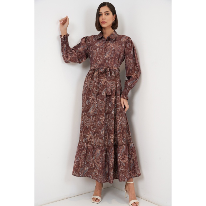 Kadın Kuşaklı Tesettür Elbise 2589 - Kahverengi