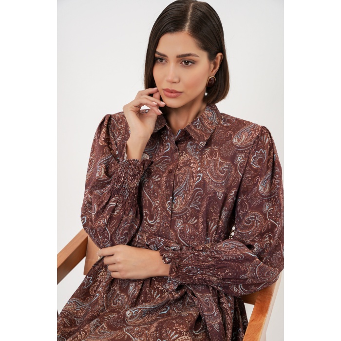 Kadın Kuşaklı Tesettür Elbise 2589 - Kahverengi