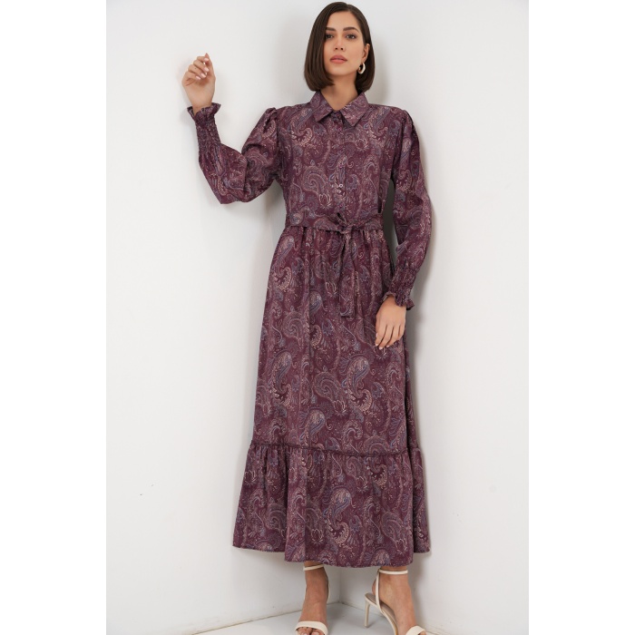 Kadın Kuşaklı Tesettür Elbise 2589 - Bordo