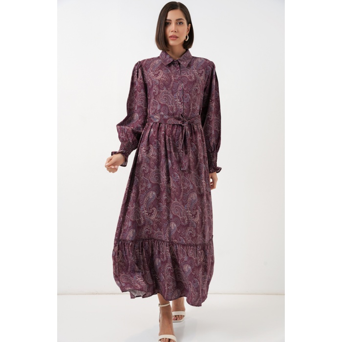 Kadın Kuşaklı Tesettür Elbise 2589 - Bordo