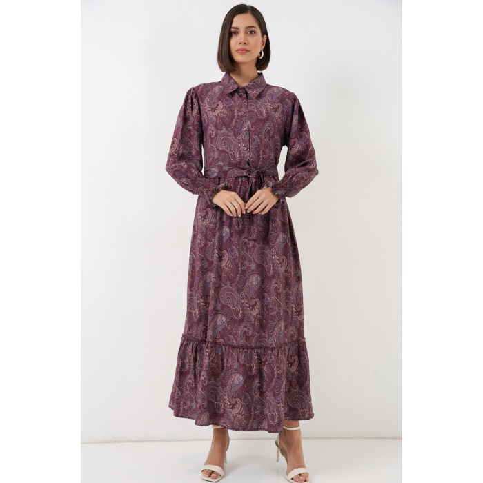 Kadın Kuşaklı Tesettür Elbise 2589 - Bordo