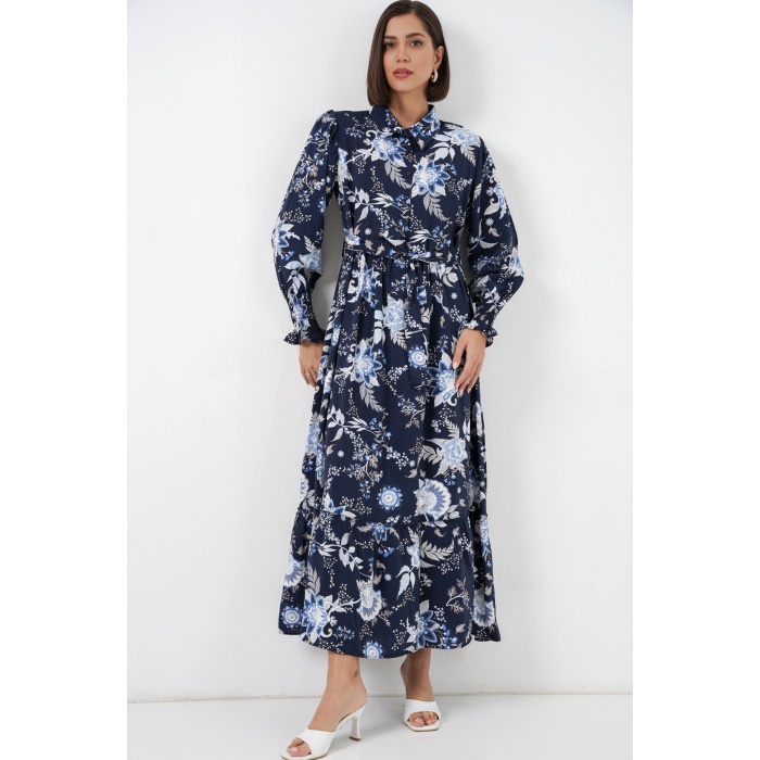 Kadın Kuşaklı Tesettür Elbise 2589 - Lacivert