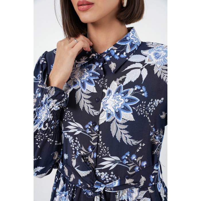 Kadın Kuşaklı Tesettür Elbise 2589 - Lacivert