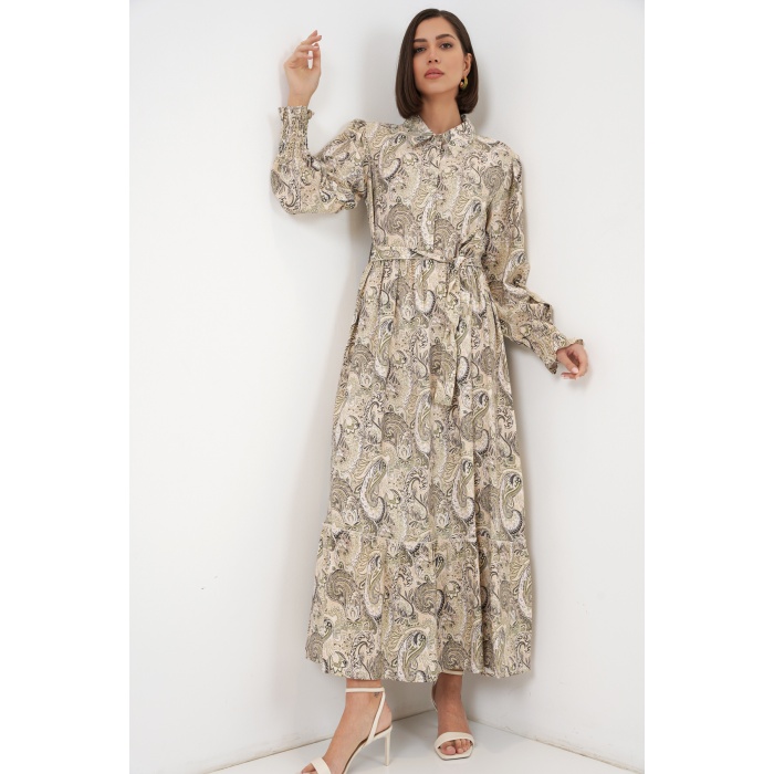 Kadın Kuşaklı Tesettür Elbise 2589 - Bej