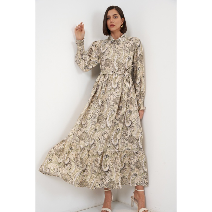 Kadın Kuşaklı Tesettür Elbise 2589 - Bej